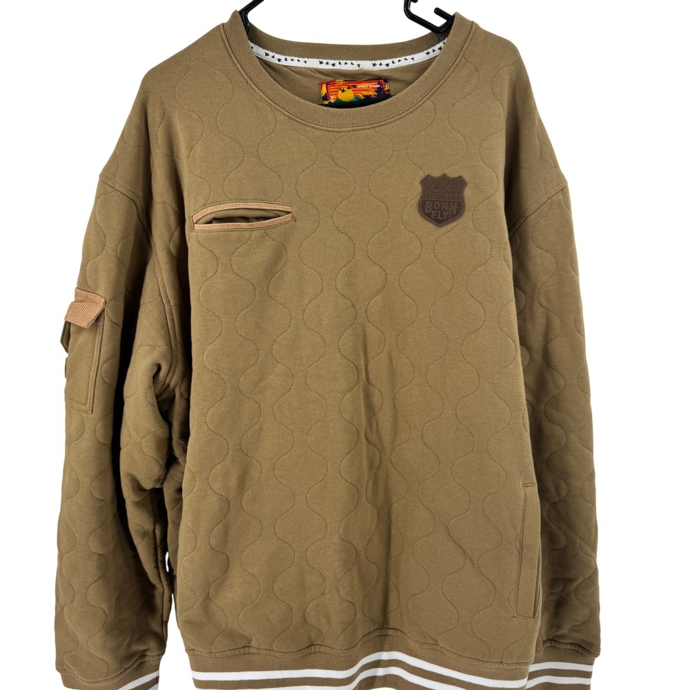 Born Fly Quilted Crewneck Sweatshirt Khaki Brown 3X Large Long‎ Sleeve Mens